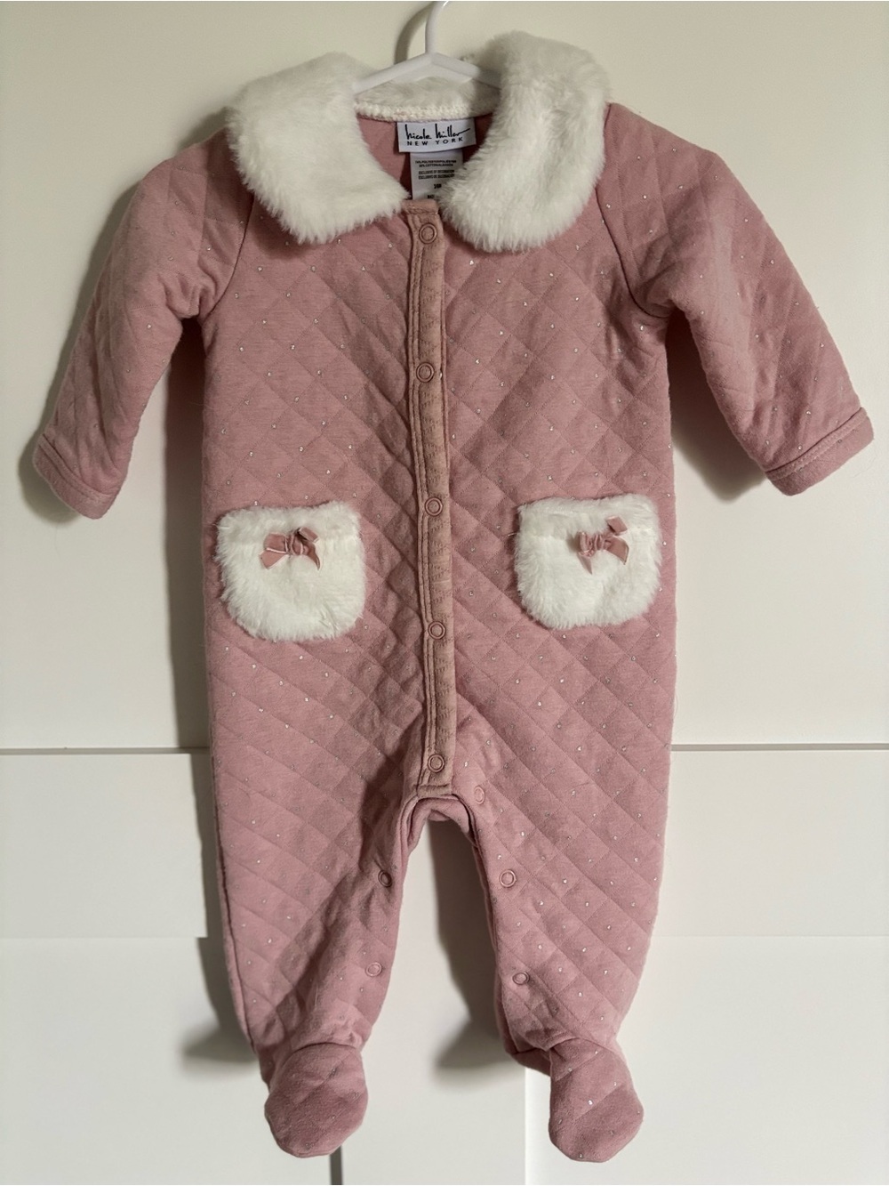 Knit Quilted Faux-Fur Trim Pink Baby One-Piece
